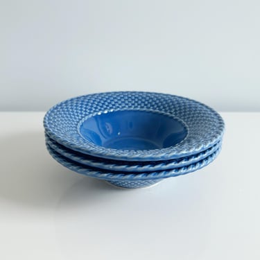 Bordallo Pinhiero Celebration Cobalt Blue Basketweave Soup Bowls Majolica Portugal Vintage 1990s 