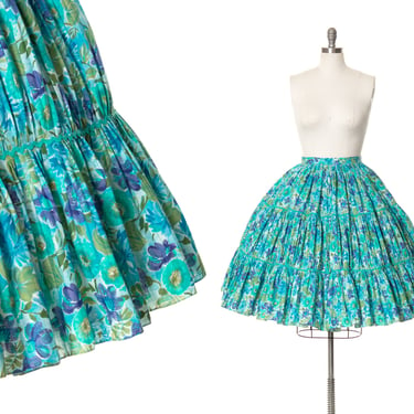 Vintage 1950s Circle Skirt | 50s Floral Printed Pleated Tiered Blue Swing Skirt (small) 
