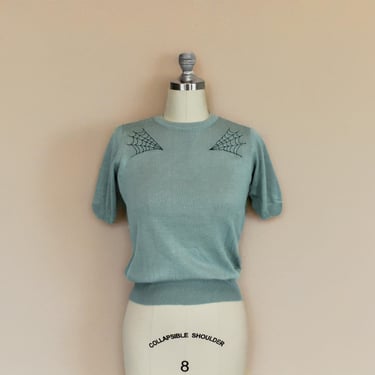 Vintage Inspired Pastel Sage Spiderweb Knit Blouse | Retro Witchy Top XS-XL | Soft Lightweight 