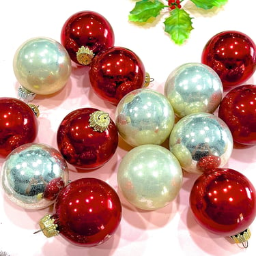 VINTAGE: 14pcs - Red and Silver Mercury Glass Ball Ornaments - By Krebs - Colorful Holiday Glass Bulbs 