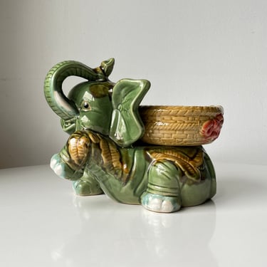 Vintage MCM Green Lucky Elephant Art Pottery Planter 