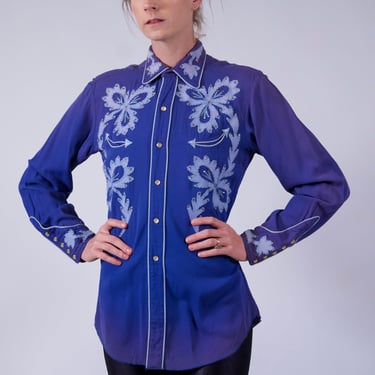 50s Blue Western Shirt 1950s Floral Appliqué Pearl Snap Gabardine Rayon Western Button Up Purple Vintage H Bar C California Ranchwear 