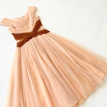 1950s Ruched Peach + Rust Chiffon Prom Dress 