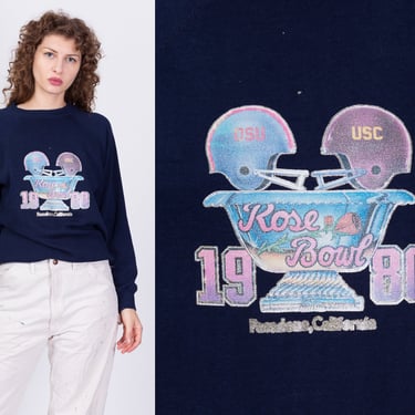 1980 OSU Vs. USC Rose Bowl Sweatshirt - Women's Large | Vintage 80s Navy Blue Iron-On Graphic Raglan Sleeve Pullover 