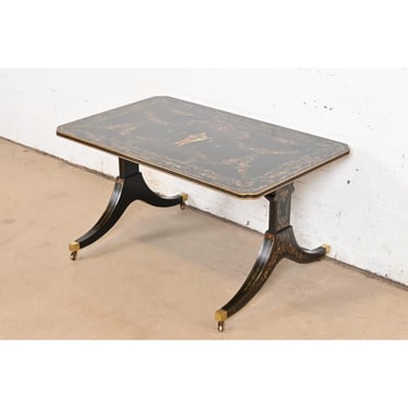 Baker Furniture Style Italian Regency Hand Painted Black Lacquered Coffee Table, Circa 1960s