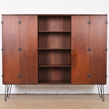 Milo Baughman for Directional Walnut and Ebonized Triple Bookcase on Hairpin Legs, 1960s