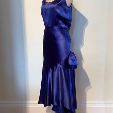 1930'S Silk Satin Gown - Deep Bluish-Purple Bias Cut Silk - Low Sash with Bow - Old Hollywood Glamour - Size Small 