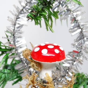 Vintage German Spun Cotton Mushroom in Tinsel Christmas Tree Ornament, Antique Hand Painted Feather Tree Decor, Germany 