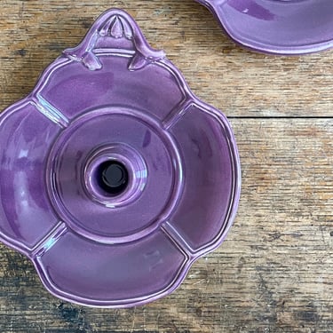 Royal Haeger Amethyst Candleholder Tray Purple Candlestick Holder Plate Set of 2 Jewel Tone Mid Century Ceramic 
