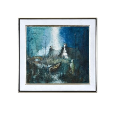 Expressionist Blue White and Teal Village Painting with Boat 1972 