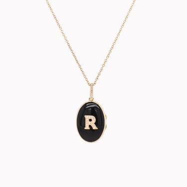 Letter &quot;R&quot; Black Enamel Initial Locket Pendant Necklace