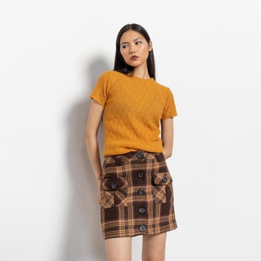 BROWN BEIGE WOOL Plaid High Waist Skirt Pencil Vintage Minimalist Preppy / 35 Inch Hips / Size 1 2 