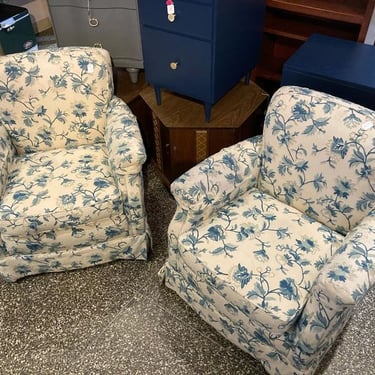 Blue and white upholstered arm chairs 32” x 26” x 32” seat height 18”