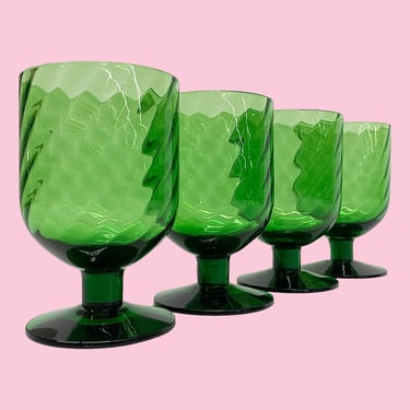 Vintage Water Goblets Retro 1970s Mid Century Modern + Green Glass + Swirl Design + Footed Base + Set of 4 + Drinking Glasses + MCM Kitchen 