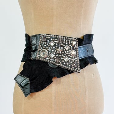 1980s Black Studded Wide Belt | 80s Black Elastic Studded Wide Belt 