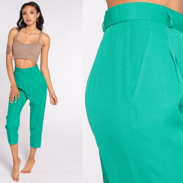 Green Pleated Trousers High Waisted Pants 80s Tapered Straight Leg Vintage Creased Pants Hipster Slacks Office Preppy Small S 26 