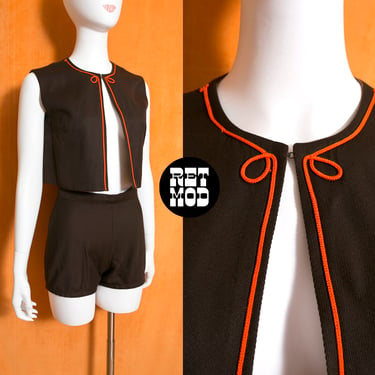 Super Cute Vintage 60s 70s Brown & Orange Hot Pants and Vest Set 
