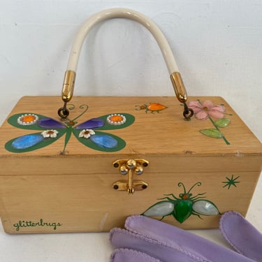 Vintage Enid Collins Glitterbugs Box Bag, White Handle, Gemstone Bugs, Blonde Wood 