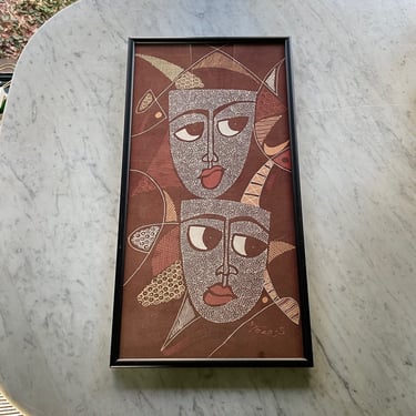 Vintage Batik Signed Togos Masks Theater Framed 