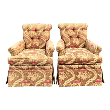 Tufted Back Rolled Arm Traditional Lounge Chairs - a Pair 