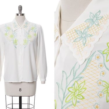 Vintage 1980s Blouse | 80s Metallic Floral Embroidered White Long Sleeve Button Up Top (medium) 