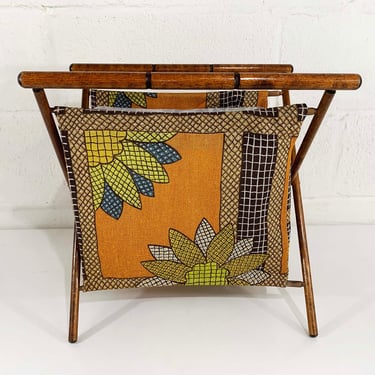 Vintage Knitting Basket Sewing Bag Fabric Crocheting Rack Magazine Knit Daisy Floral Yellow Folding Sunflower Mid-Century 1950s 1960s 
