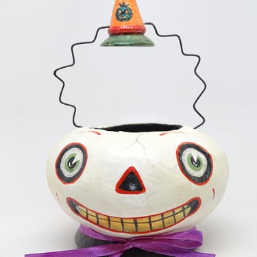 Vintage Reproduction Jack O Lantern Candy Container with Hat on Handle, Ghost, Skeleton 