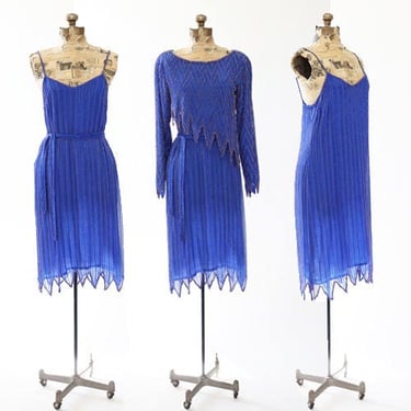 Vintage 70s blue beaded silk dress | 1970s 3pc beaded cocktail dress 