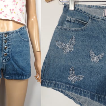 Vintage 90s/Y2K Low Rise Button Fly Butterfly Denim Shorts Size 26 Waist 