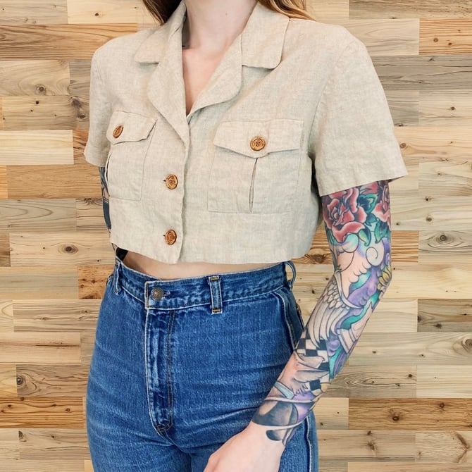 90's Cropped Linen Button Front Top 