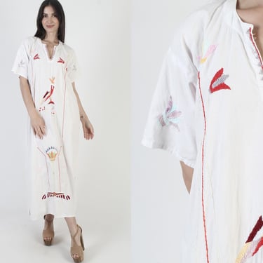 White Mexican Kaftan, South American Cotton Caftan, Embroidered Floral Dress, Vintage Ethnic Cover Up 
