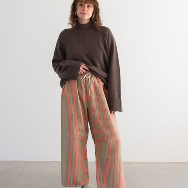 Vintage 26-36 Waist Stripe Flannel Drawstring Easy Pant | Salmon Pink Brown High Waist Holiday Cotton Pajama Pants | FL040 