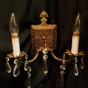 Vintage Spanish Cast Brass 2 Arm Sconces with Crystals Set of 2