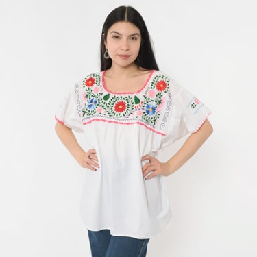 Vintage Floral Embroidered Blouse 90s White Mexican Top Peasant Hippie Short Sleeve Boho Tent Shirt Flower 1990s Extra Large xl 