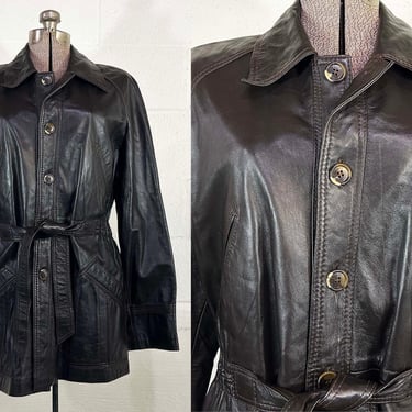 Vintage Dark Brown Leather Belted Jacket Coat Winter Hipster Button Front Boho Mod Satin Lining Perusal Turkey Medium Large 70s 1970s 