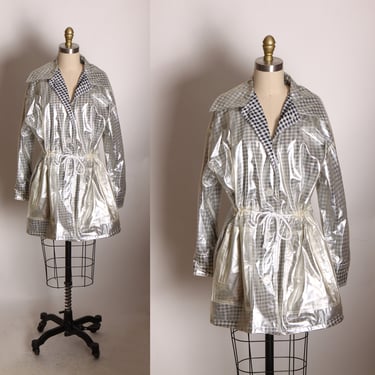 1980s-1990s Clear Vinyl Black and White Gingham Long Sleeve Cinch Waist Rain Coat by Totes -S 