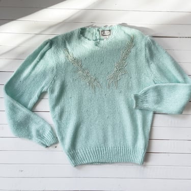 mint green sweater 80s vintage pastel aqua lace sweater 