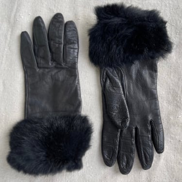 fur trim gloves, black