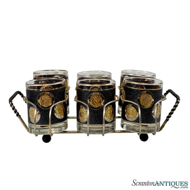 Mid-Century Black & Gold Coin Cocktail Bourbon Glasses & Caddy - Set of 6