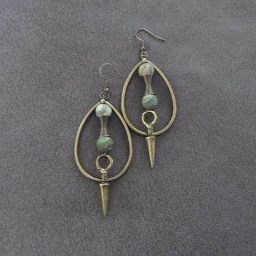 Bronze tear drop hoop earrings, green stone 