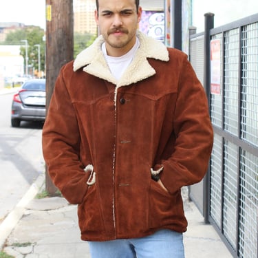 Vintage Silton Sherpa Coat, Brown Suede, Faux Sheepskin, Size 44 Men, Heavy Jacket 