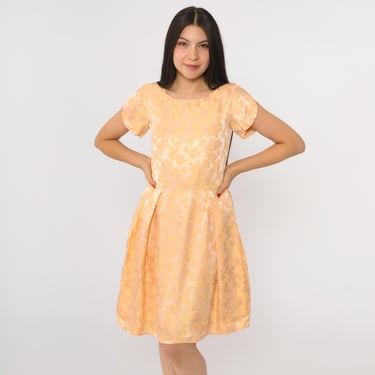 Vintage Jacquard Party Dress 60s Peach Yellow Floral Fit Flare Mini Dress 1960s Short Tulip Sleeve Satin Brocade Style Extra Small xs 