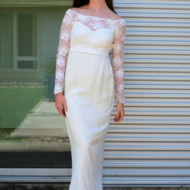 1960s Wedding Dress, Bridal Originals Long Sleeved Wedding Gown, XS/S, Off White Bridal Gown, Lace Illusion Top 
