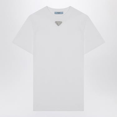 Prada White T-Shirt In Jersey With Embroidered Triangle Logo Women