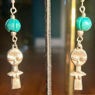 Vintage Tribal Earrings Tribesmen Blue Bead Dangle Retro Fashion Jewelry 