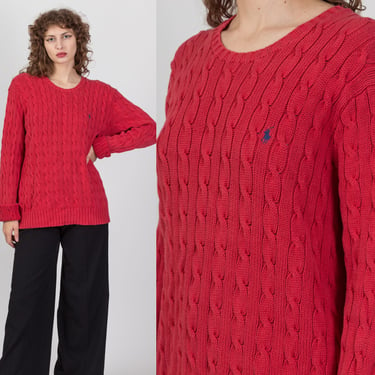 90s Polo Ralph Lauren Cable Knit Sweater - Men's Large | Vintage Coral Red Pink Soft Cotton Knit Pullover 