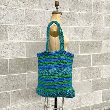Vintage Crochet Bag Retro 1990s Handknit + Tote + Size 17X16 + Wool + Green + Blue + Purple + Purse + Shoulder Bag + Shopper + Accessory 