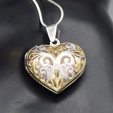 Ornate 90's Thai 925 silver heart locket, gilded open work sterling snake chain pendant necklace 