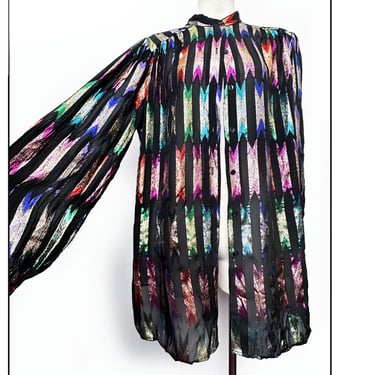 80's Metallic Lame Chiffon Blouse Tunic Top 1980's Vintage Shirt Sparkly Black Chiffon Rainbow Sparkles 