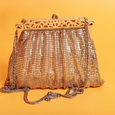 50s Silver Mesh Ornate Metal Elegant Evening Purse Vintage Strappy Chain Handle Glittery Hand Bag 